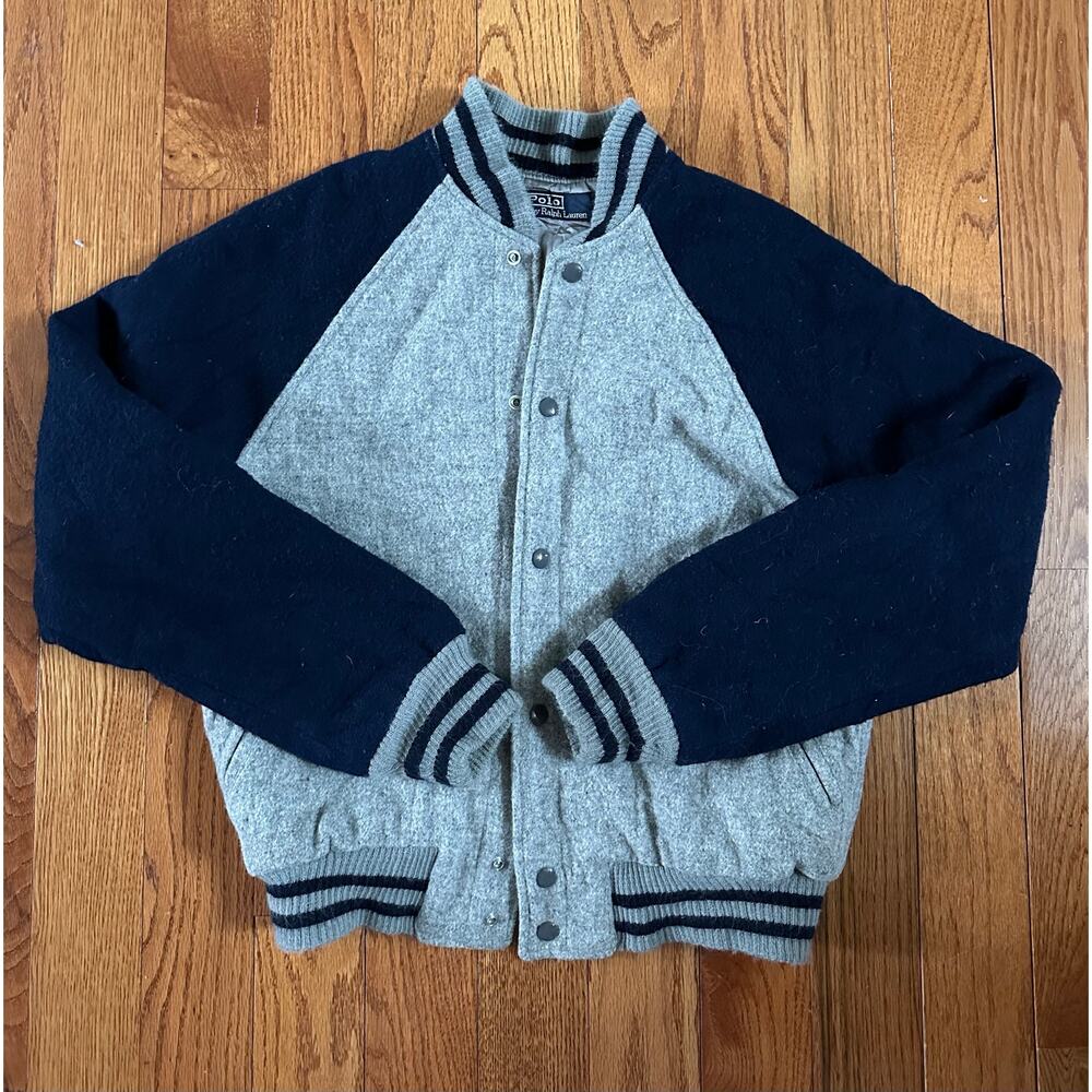 Vintage Polo Ralph Lauren Bomber Jacket Varsity College sz S gray blue woolen